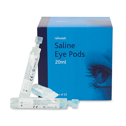 Replacement pods of saline eye wash for replenishment of eye wash stations. Sterile, safe and non toxic.