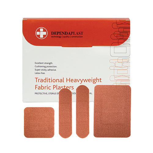 Handy pack of heavy duty fabric plasters with stretch and cushioning for maximum comfort and protection. Individually wrapped and sterile.