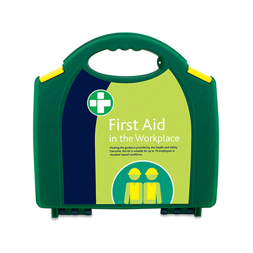 HSE First Aid Kit in a durable polypropylene case with green safety clips, integrated carry handle, and a secure airtight lid provides protection from dust and water. Content based on 1997 Approved Code of Practice.