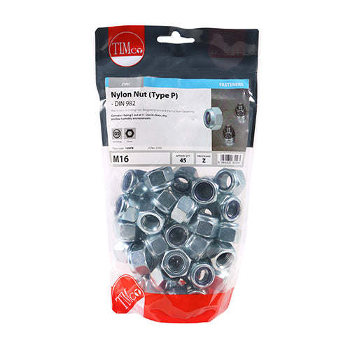Type P hexagonal nylon nut with a metric thread. Also known as locking nuts, designed to prevent the nut from loosening. Used for all bolting and fastening applications.