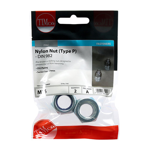 Type P hexagonal nylon nut with a metric thread. Also known as locking nuts, designed to prevent the nut from loosening. Used for all bolting and fastening applications.