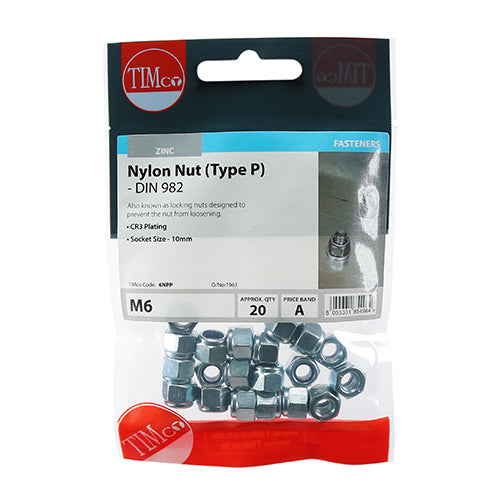 Type P hexagonal nylon nut with a metric thread. Also known as locking nuts, designed to prevent the nut from loosening. Used for all bolting and fastening applications.