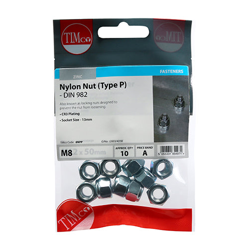 Type P hexagonal nylon nut with a metric thread. Also known as locking nuts, designed to prevent the nut from loosening. Used for all bolting and fastening applications.