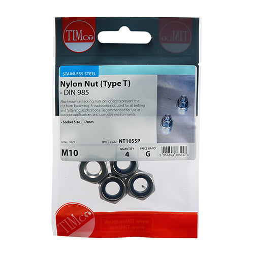 Type T hexagonal nylon nut with a metric thread and is thinner than a Type P. Also known as locking nuts designed to prevent the nut from loosening. Used for all bolting and fastening applications. Manufactured from A2 Stainless Steel offering superior corrosion resistance, perfect for external applications. Stainless steel must be used where there is corrosive environment and/or the base material has inherent corrosive characteristics.