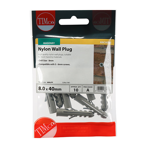 Nylon plug for use with coach screws into masonry. NOTE: Coach screws not included.