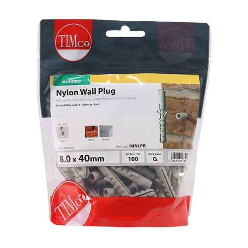 Nylon plug for use with coach screws into masonry. NOTE: Coach screws not included.