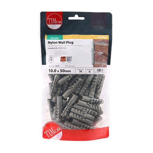 Nylon plug for use with coach screws into masonry. NOTE: Coach screws not included.