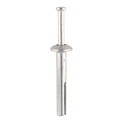 A rapid light duty hammer-set anchor for attaching sheet metal, plastic or wood to concrete or masonry. NOTE: Not recommened for overhead applications such as suspended ceilings. 