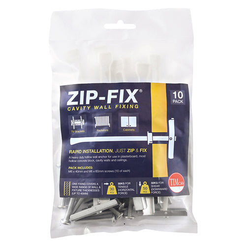 Heavy duty cavity wall anchor for use in plasterboards, most hollow concrete blocks, cavity walls and ceilings. Pack includes both 40mm and 60mm screws for a wider variety of fixture thicknesses. 
<special id="21"/>NOTE: Nylon arms are for installation purposes only and once the fixing is in place, Zip-Fix becomes an all steel, non-flammable fixing.