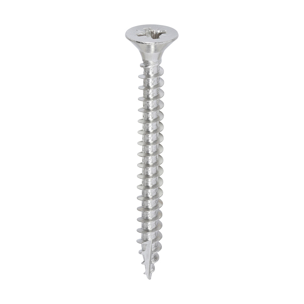 All the features and superior performance of the Classic Multi-Purpose Screw manufactured from A2 Stainless Steel. Ideal where ultimate corrosion resistance is required when fixing to softwoods, hardwood (pre-drilled), chipboard, MDF and plastic. Stainless steel must be used where there is corrosive environment and/or the base material has inherent corrosive characteristics e.g. Green Oak.