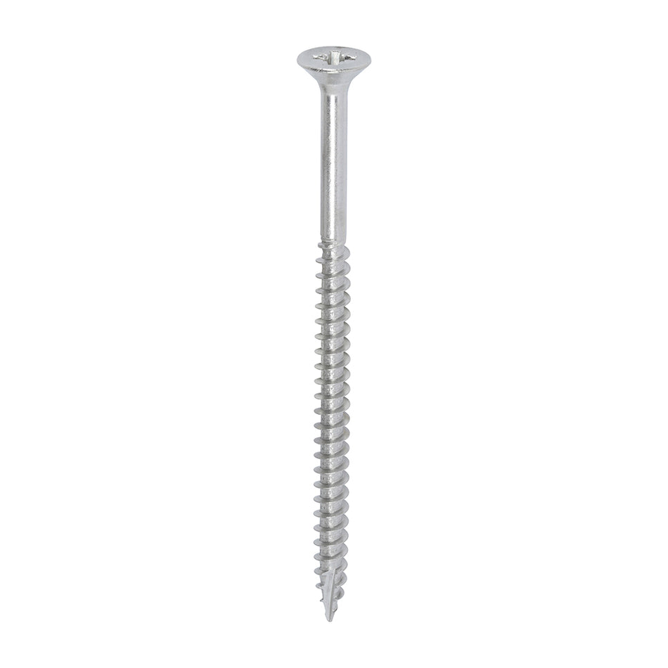 All the features and superior performance of the Classic Multi-Purpose Screw manufactured from A2 Stainless Steel. Ideal where ultimate corrosion resistance is required when fixing to softwoods, hardwood (pre-drilled), chipboard, MDF and plastic. Stainless steel must be used where there is corrosive environment and/or the base material has inherent corrosive characteristics e.g. Green Oak.