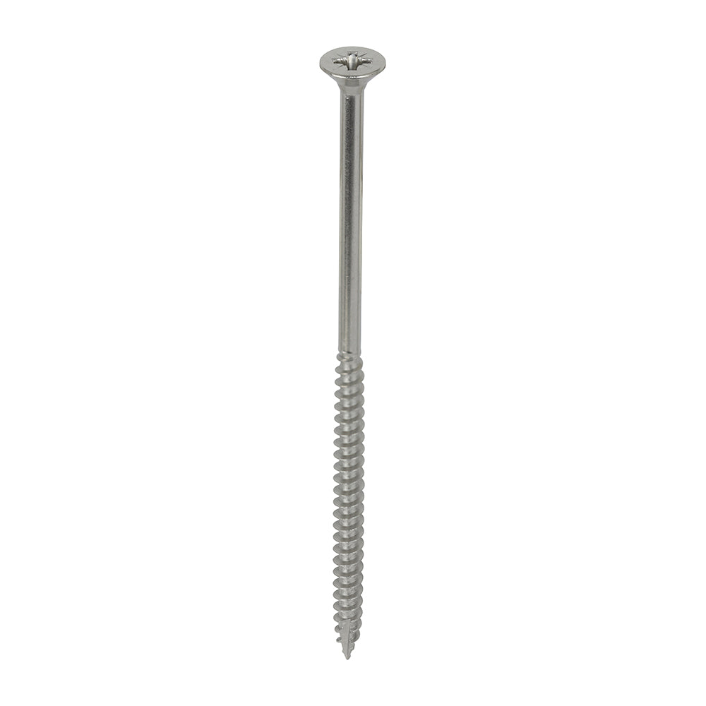 All the features and superior performance of the Classic Multi-Purpose Screw manufactured from marine grade A4 Stainless Steel. 
Ideal for coastal and highly corrosive environments when fixing to softwoods, hardwood (pre-drilled), chipboard, MDF and plastic. 
Stainless steel must be used where there is corrosive environment and/or the base material has inherent corrosive characteristics e.g. Green Oak.
