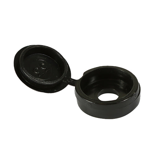 For cosmetic use to conceal screws. Hinged to aid cap retention during and after installation.