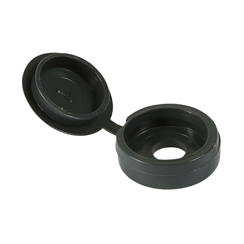 For cosmetic use to conceal screws. Hinged to aid cap retention during and after installation.