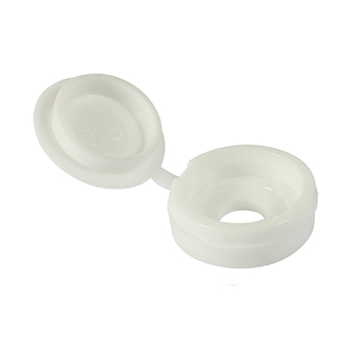 For cosmetic use to conceal screws. Hinged to aid cap retention during and after installation.