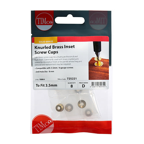 Solid brass screw cups for a highly professional and flush finish. Commonly used with brass countersunk screws for decorative finish or for panels where frequent removal and replacement may be required. Drill hole Ã˜ size provided is a guide only and may vary in woods with varying hardness. We recommend cups are covered before gently tapping into place to avoid damage to both brass and timber.