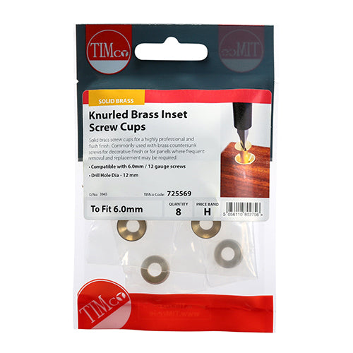Solid brass screw cups for a highly professional and flush finish. Commonly used with brass countersunk screws for decorative finish or for panels where frequent removal and replacement may be required. Drill hole Ã˜ size provided is a guide only and may vary in woods with varying hardness. We recommend cups are covered before gently tapping into place to avoid damage to both brass and timber.