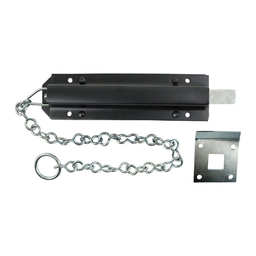 Spring garage chain bolts are ideal for securing the top of garage doors or gates. The bolt remains closed under spring tension and features a 450mm long pull chain for easy operation to release the bolt. Fixings included. 