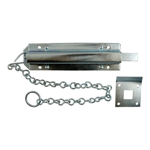 Spring garage chain bolts are ideal for securing the top of garage doors or gates. The bolt remains closed under spring tension and features a 450mm long pull chain for easy operation to release the bolt. Fixings included. 